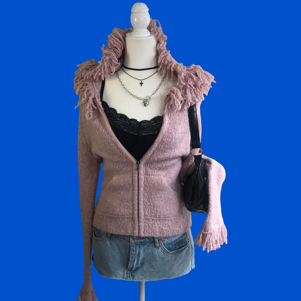 Vintage Y2K Bebe Pink Mohair Fringe Zip Up Cardigan Sweater Womens Small